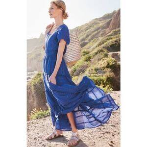 NEW Soft Surroundings Kara Shimmer Maxi Dress Sequins Tiered Blue M Boho Resort